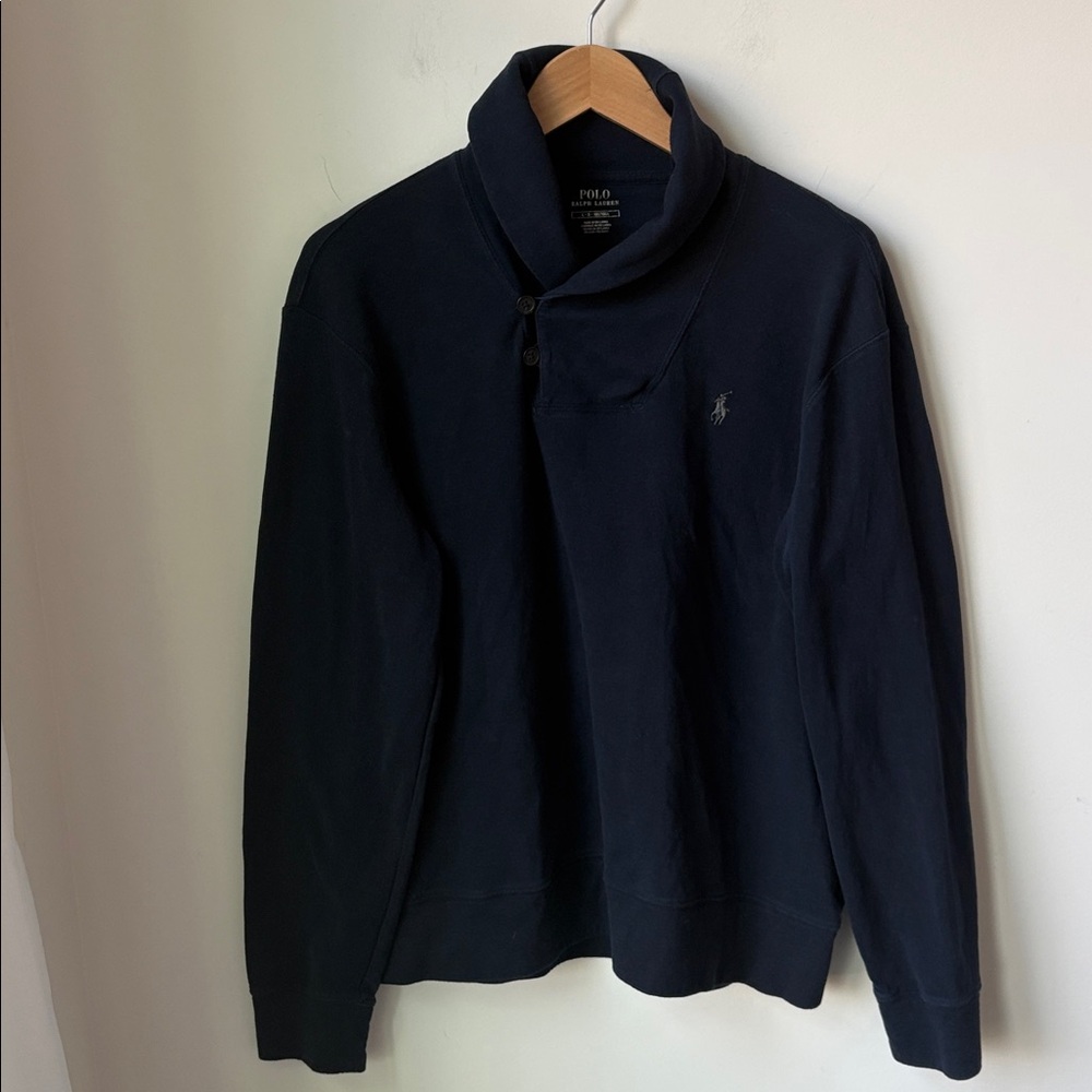Polo Ralph Lauren Luxury Jersey Shawl Collar Pullover Navy Preppy Pony Size L